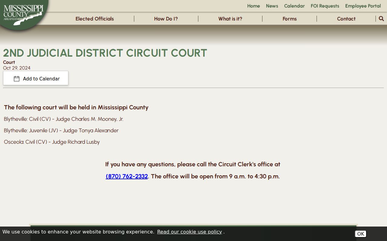 Mississippi County court schedule Circuit Court calendar entry