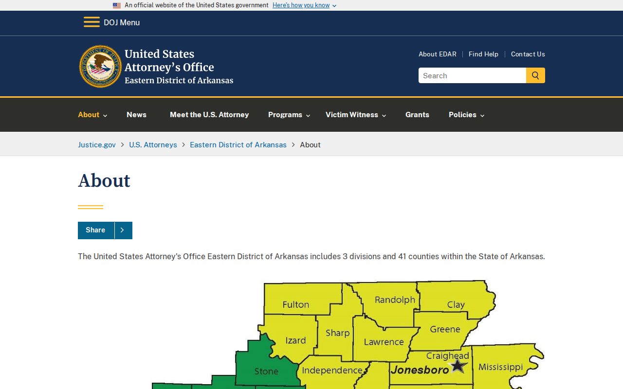 Eastern District map for Mississippi County federal court dockets